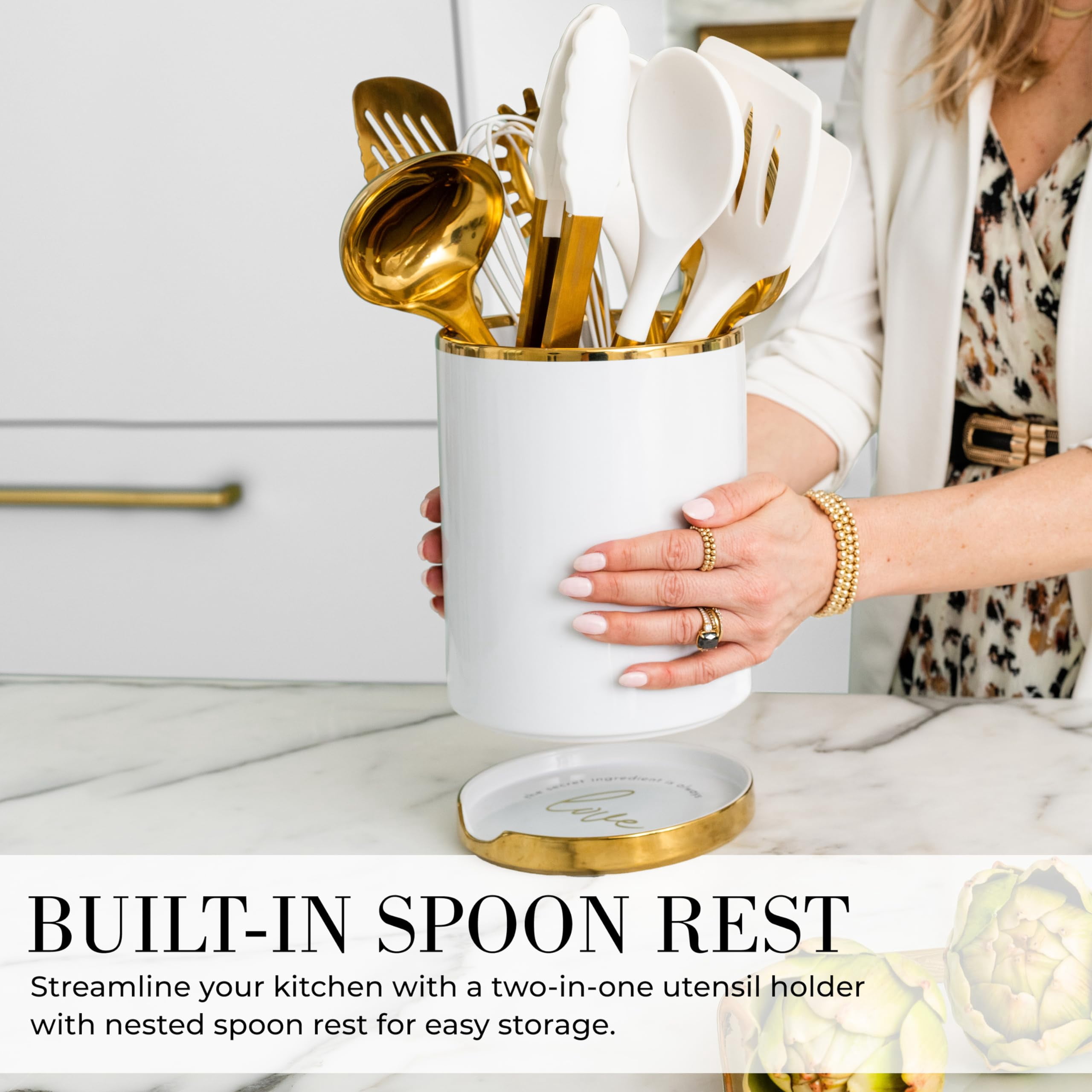 White and Gold Cooking Utensils Set - 13 PC White and Gold Kitchen Utensils Set Includes White Ceramic Utensil Holder with Built-In White & Gold Spoon Rest - Gold Kitchen Accessories