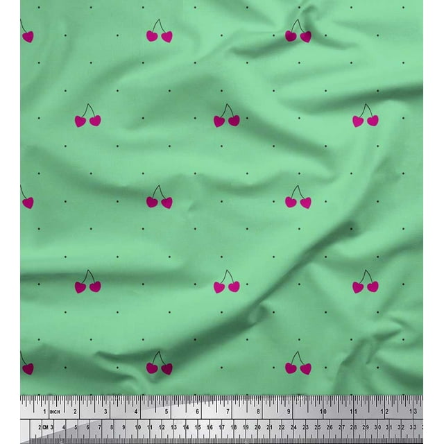 Soimoi Green Rayon Fabric Cherry & Dots Fabric Prints By Yard 56 Inch Wide