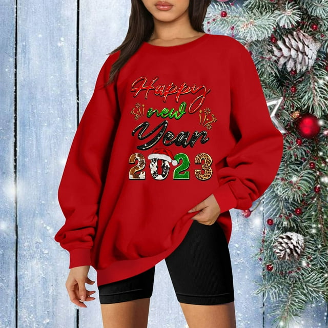 EGNMCR Chandails à Capuchon pour Femmes, Chandails pour Femmes, Chandail à Capuchon pour Femmes Décontracté à Manches Longues Femmes Décontracté à Manches Longues Col Rond Hauts Blouse Ample Nouvel An Noël Imprimé Graphique Chandail pour Femmes Blouse