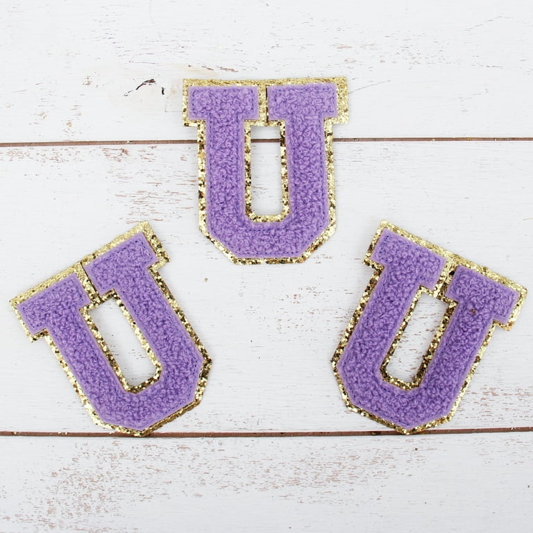 26 Letter Set Chenille Iron On Glitter Varsity Letter Patches - Purple  Chenille Fabric With Gold Glitter Trim - Sew or Iron on - 8 cm Tall 