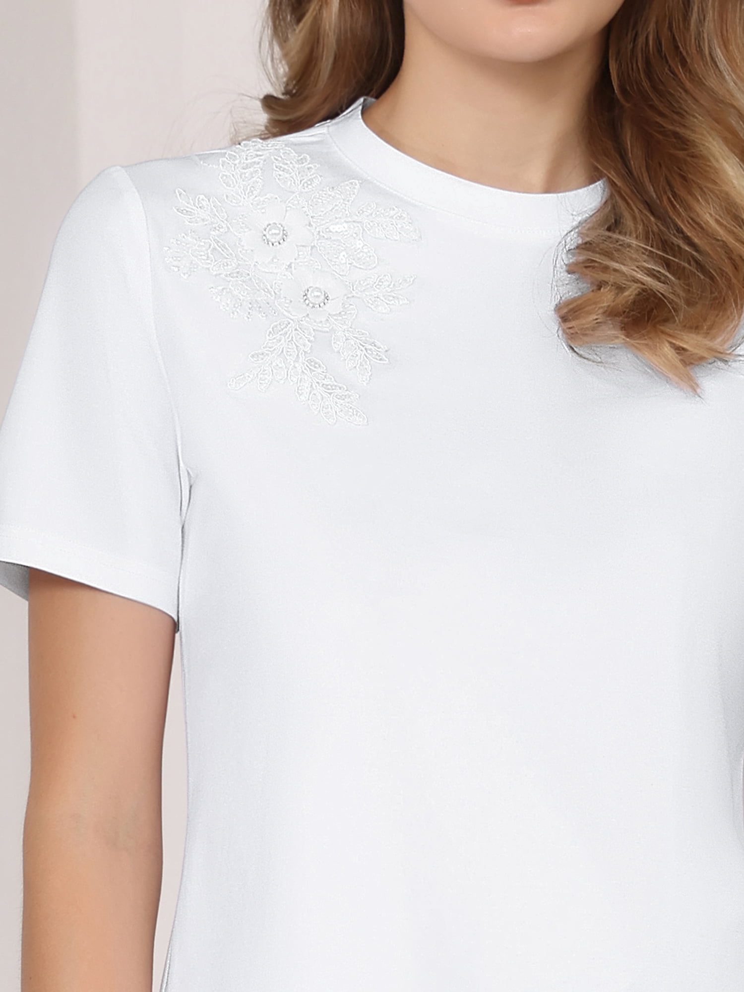 DARING DIVA Women's Basic Tee Shirt Short Sleeve Crew Neck Stretchy Beaded Top L White