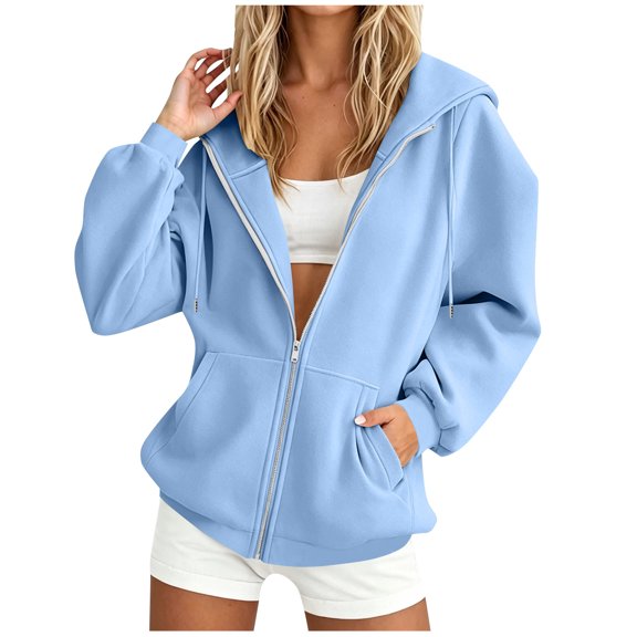 FDGIU Women's Full Zip Up Hooded Sweatshirt, Long Sleeve Drawstring Hoodie Jacket with Kangaroo Pocket Casual Outerwear for Daily Outdoor Wear