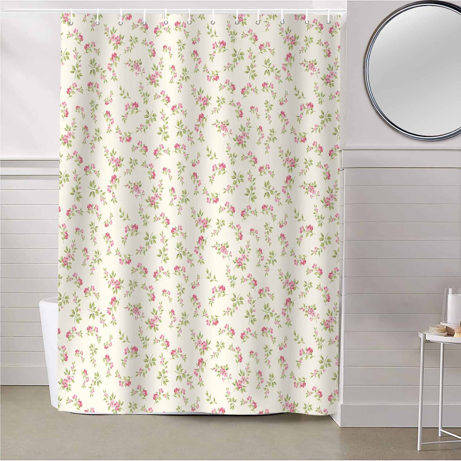 Fabric Shower Curtain Vintage Rustic Floral Light Pink Roses Leaves Beige Shower Curtains with 12 Hooks Waterproof Machine Washable Bath Curtains for Bathroom, 72 x 72in