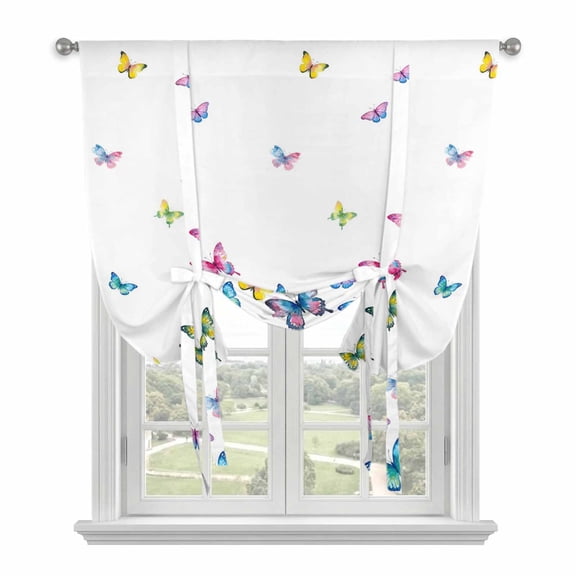 Vintage Colorful Butterfly Balloon Curtains 63 Inch Length for Living Room/Bedroom, Watercolor Butterflies Farmhouse Rod Pocket Privacy Door Curtains Decorative Tie Up Shade for Window 52"x63"