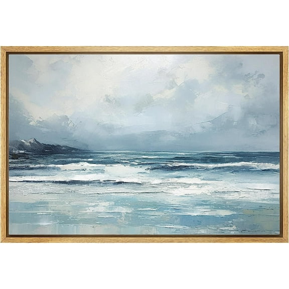 PixonSign Framed Canvas Print Wall Art Navy Blue Ocean Wave Beach Nature Wilderness Illustrations Fine Art Decorative Farmhouse/Country Relax/Calm/Cozy Multicolor Zen for Bedroom - 16"x24" Natural