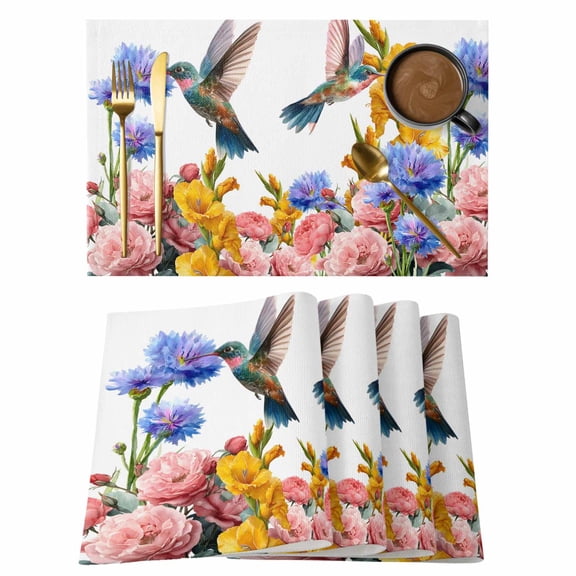Hummingbirds Placemats Set of 4, Spring Summer Watercolor Flowers Plant Placemats for Dining Table, Place Mats for Kitchen Tabletop, Waterproof Wipeable Dining Table Mats Set