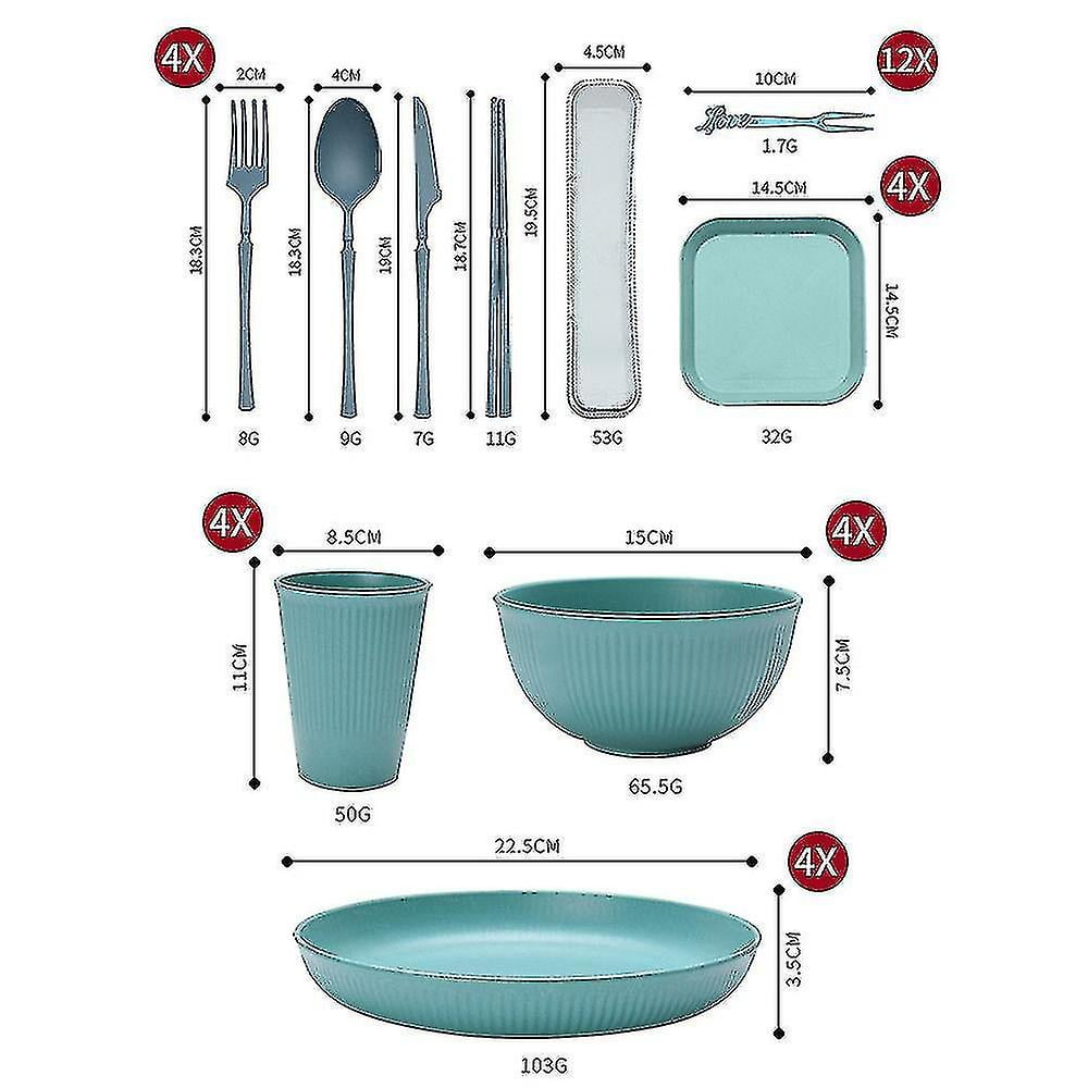 Ensemble Vaisselle Plastique Réutilisable - 4 Assiettes, 4 Bols, 4 Tasses - Incassable, Micro-ondes/Lave-vaisselle, Pour Camping, Pique-Nique