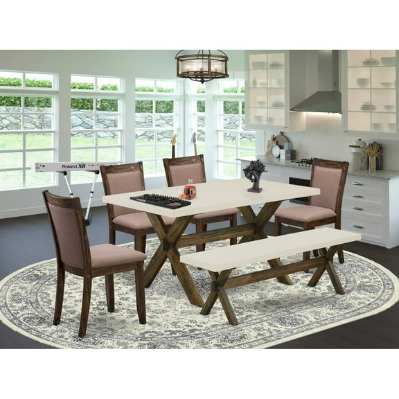 East West Furniture X726MZ748-6 - 6-Pc Dining Set - 4 Dining Chairs, a Wood Bench and 1 Modern dining room table - Linen White Finish