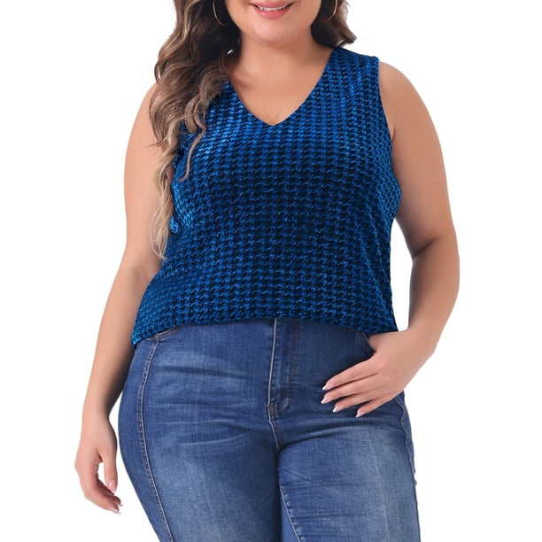 Camisetas sin mangas de talla grande para mujeres GRACE & GRANDEUR, con brillo degradado y lentejuelas, tops de fiesta 3X azul real