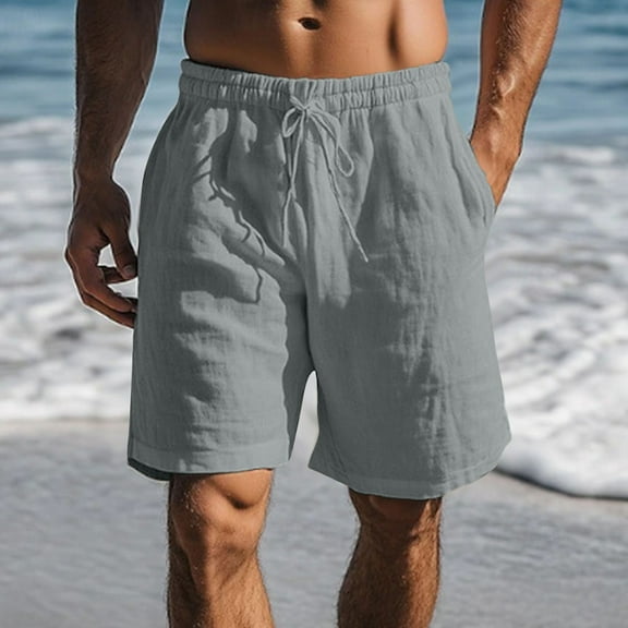 Yaoyar Mens Summer Beach Shorts Linen Loose Fit Drawstring Elastic Waist Solid Color Pocket Breathable Lightweight Golf Dress Shorts