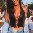 thumbnail image 6 of Fnochy Shiny Metallic Rave Tops for Women Sexy Wet Look Leather Bra Halter Strap Outfit Crop Tops, 6 of 9