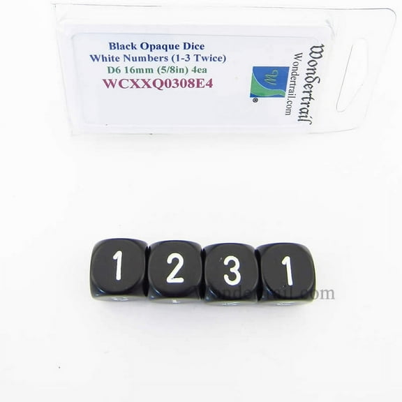 Black Opaque Dice with White Numbers D3 (D6 1-3 Twice) 16mm (5/8in) Pack of 4 Wondertrail