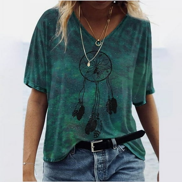 JUNWELL Women‘s T-shirts Summer Gradient Graphics Tops V Neck Fashion Female Vintage Clothing Floral Print Tees Loose Oversized T Shirts