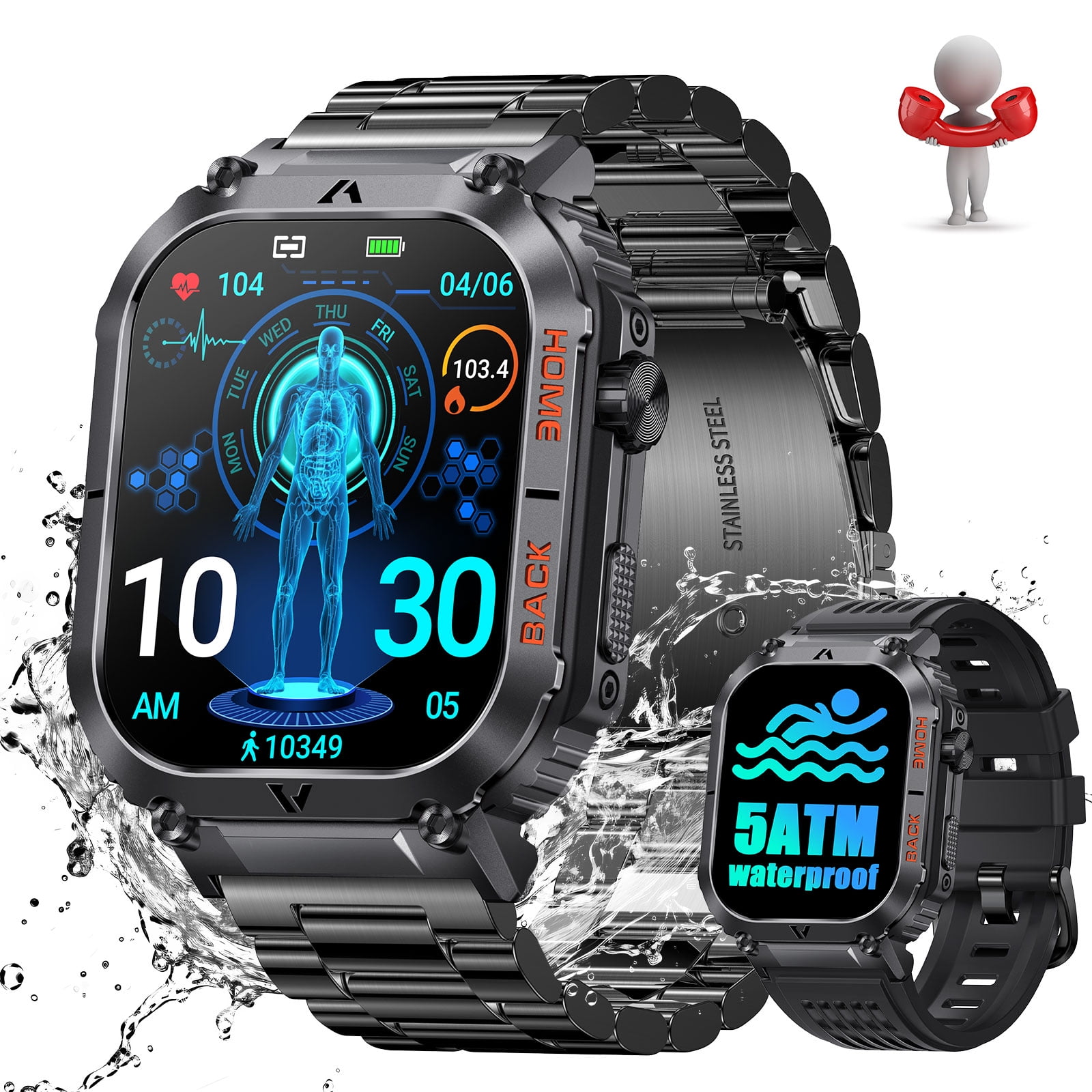 VOPOCO Smart Watch for Men 5ATM Waterproof 2.02" Rugged Smartwatch with Compass (Answer/Dial Calls) Outdoor Sport Watch for Android iOS