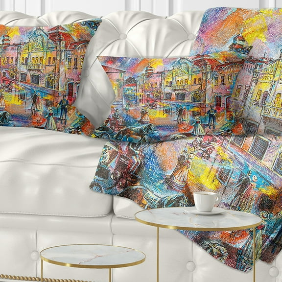 Designart Night City with People - Cityscape Throw Pillow - 12x20