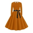thumbnail image 5 of Women's Midi Dress Long Sleeve Crew Neck Solid Color Vintage Casual Belted Waist Dress for Spring Fall Everyday Wear,Ginger,4XL, 5 of 6
