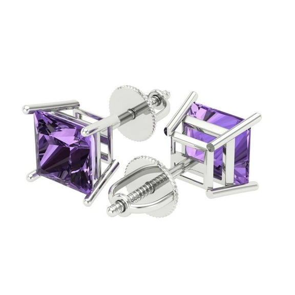 3 Ct Princess Cut Studs Purple Alexandrite 18K White Solid Solid Gold Everyday Dainty Earrings Screw Back