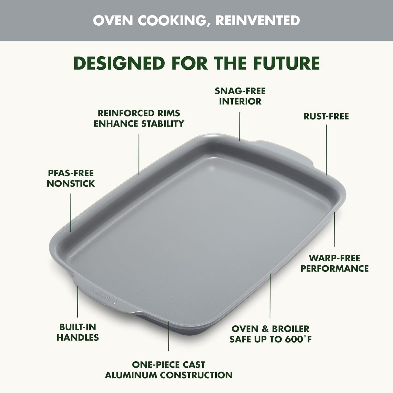 Ovenware Healthy Ceramic Nonstick 13" x 9" Quarter Sheet Baking Pan, PFOA & PFAS-Free, Warp-Free Bakeware, Durable Quick Heating, Oven & Broiler Safe to 600F, Dishwasher Safe, Gray