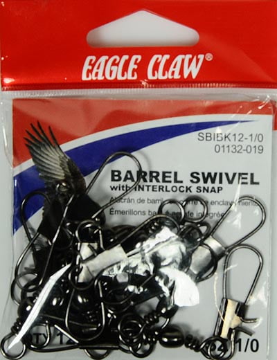 Eagle Claw Barrel Swivel with Interlock Snap, Black, Size 1/0, 12 Pack