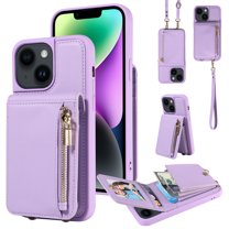 Feishell for iPhone 14 Crossbody Wallet Phone Case with Hand Strap & Shoulder Strap,Premium PU Leather RFID Blocking Card Slots Zipper Pocket Back Purse Kickstand Phone Case,Purple