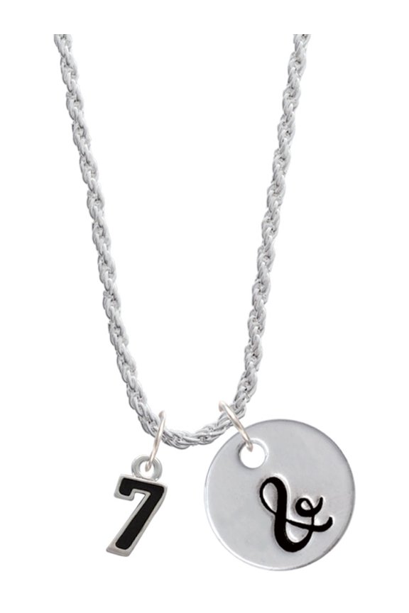 Silvertone Black Number - 7 Silvertone Script Initial Disc - & - Charm Necklace, 20"+3"