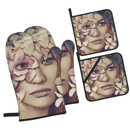 Fairy Flower Sadness Oven Mitts and Pot Holders Sets Baking Sets for Kitchen Bbq Gloves Heat Resistant Cooking Spring Thoughtful Woman 4 Pieces