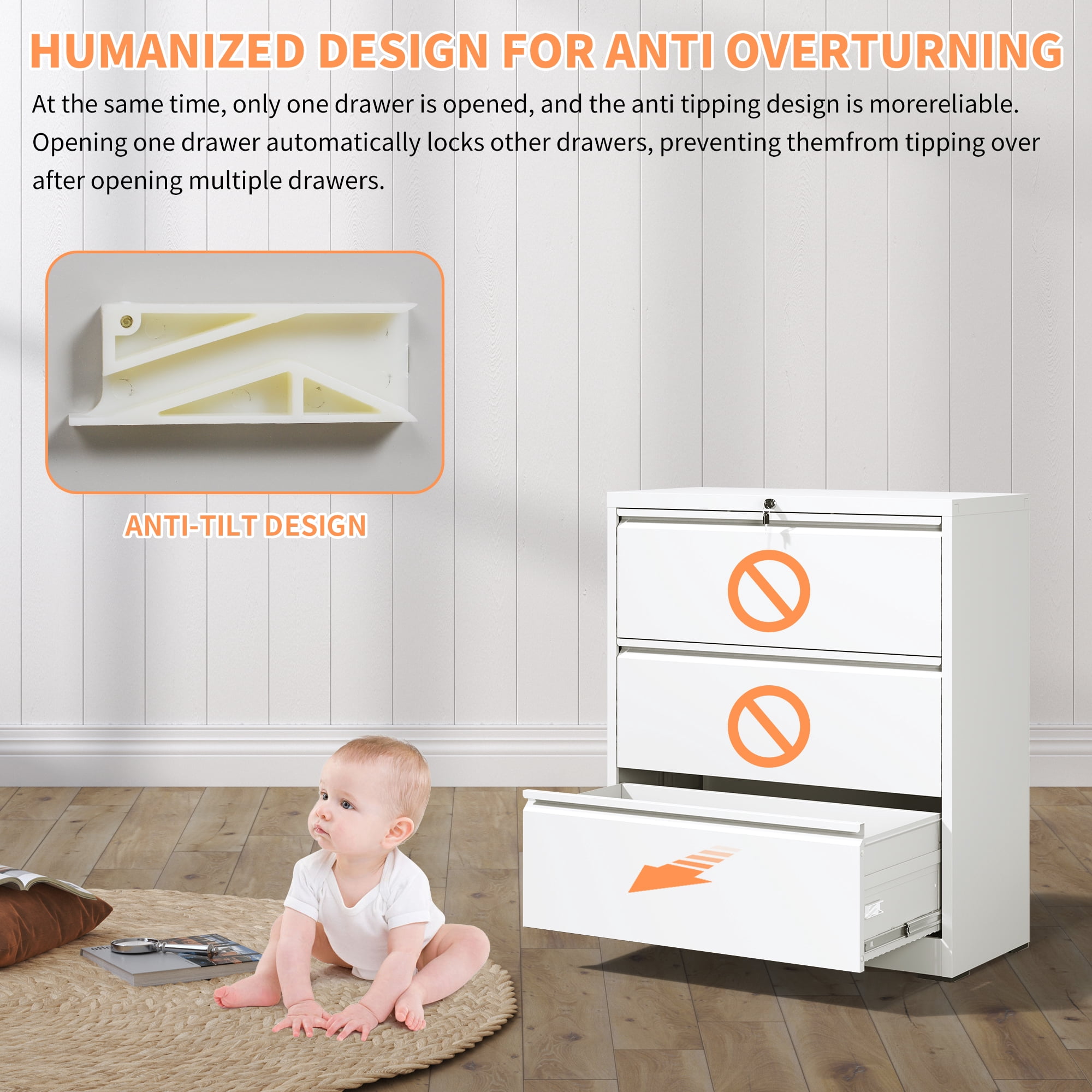 3-Drawer Lateral File Cabinet White Metal Filing Cabinet Locking Storage with Lock for Home Office Legal/Letter/A4/F4 Size Documents