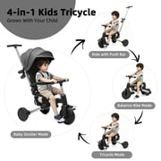 XJD 9 in 1 Multifunctional Tricycle for Toddlers, 2-4 Years Kids Foldable Tricycle with Adjustable Canopy, Detachable Backrest and Push Handle, Black