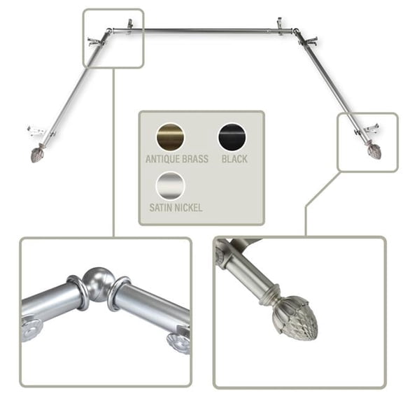 Central Design ABay-67-5 0.8125 in. Opal Bay Window Curtain Rod with Side Rod Extends Upto 20 to 36 in. & Center Rod Extends Upto 38 to 72 in., Satin Nickel