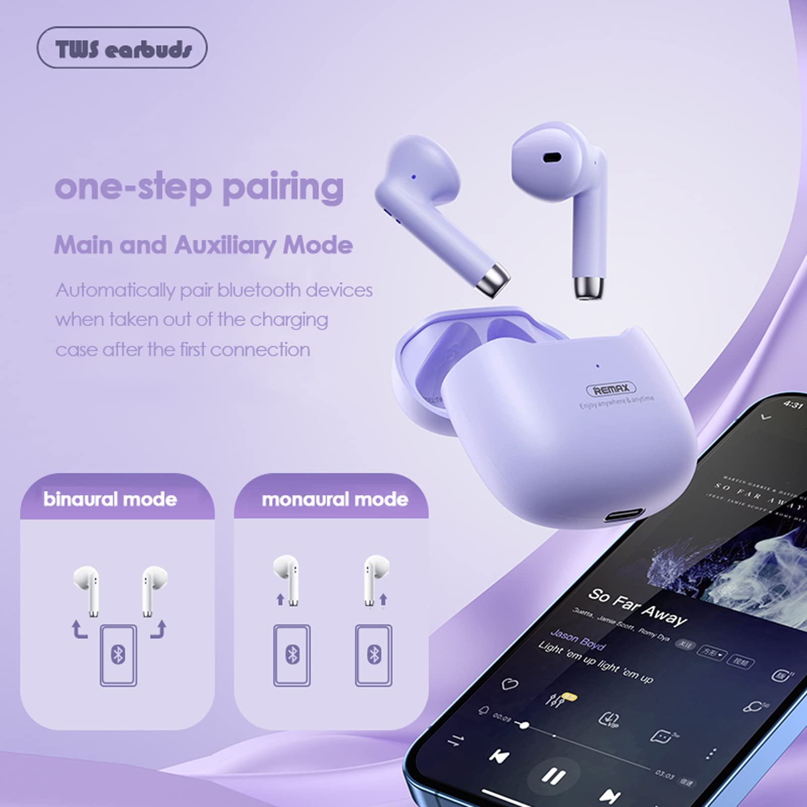True Wireless Earbuds Purple Bluetooth 5.3 with Microphone for Working Out Noise Canceling Blue Tooth Ear Buds Deep Bass TWS Wireless Earphones with Charging Case in Ear Headphone for iPhone Android