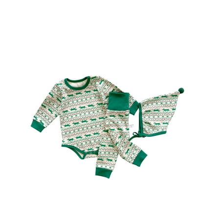 

BrilliantMe Christmas Baby Girls Boys Outfits Elk Long Sleeve Round Collar Romper + Long Underwear Pants + Cap Green 12-18 Months