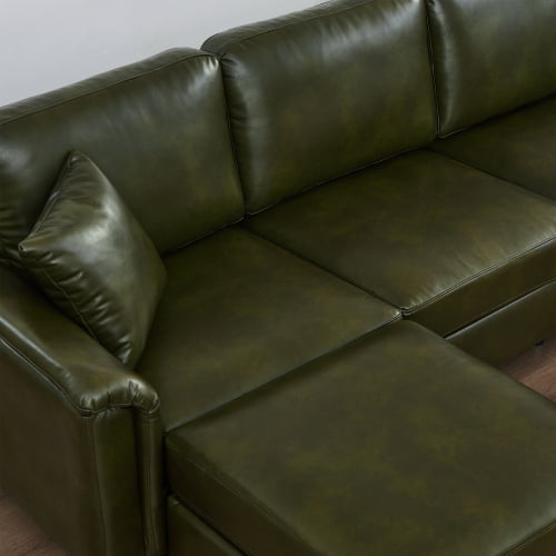 120" U-Shaped Sectional Sofa with 2 Removable Storage Ottomans, Faux Leather Couch, Breathable PU Leather, Solid Wood Frame, Dark Green