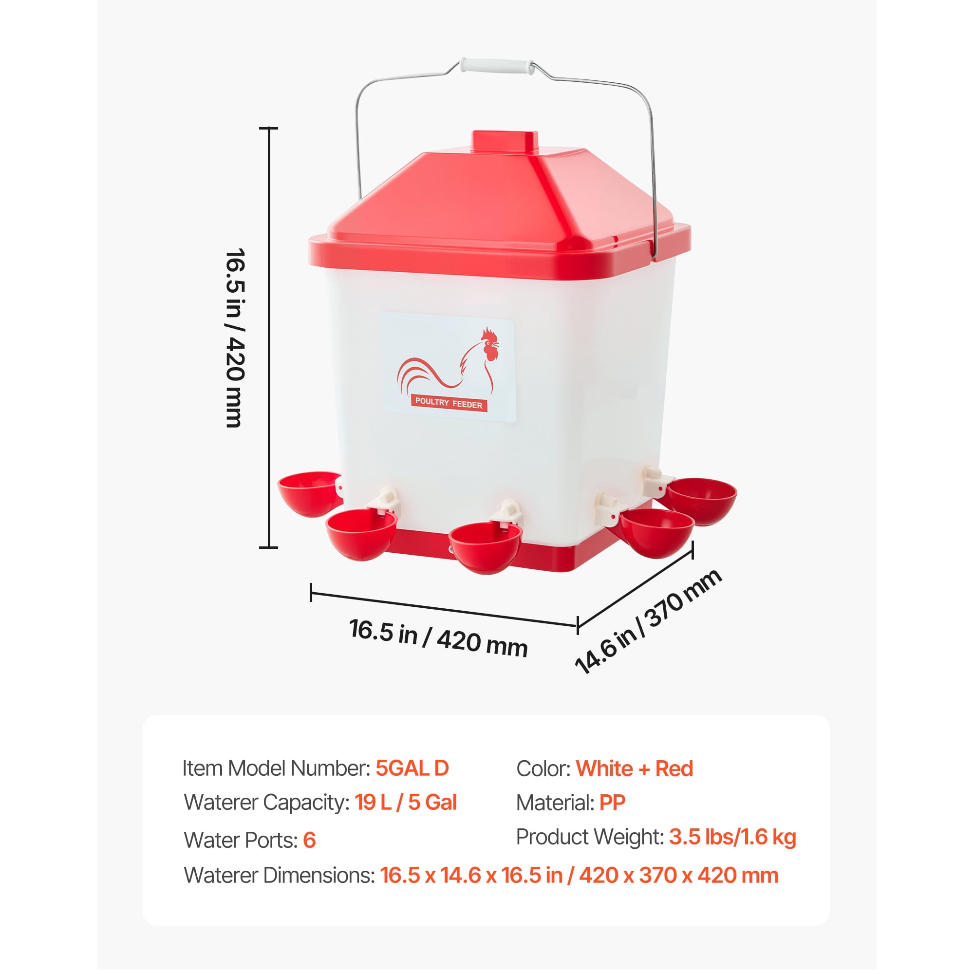 KFFKFF 5 Gallon Automatic Chicken Waterer, 6 Drinking Ports, Gravity-Fed Design with Handle & Sealed Rubber Ring, Durable Waterproof PP Material, No-Spill System, Ideal for Poultry