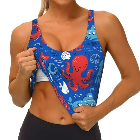 Qokaie Nautical Animals Pattern Womens Scoop Neck Sports Bra Breathable Workout Vest Padded U Back Medium Impact Fitness Gym Yoga Bra Workout Crop Top