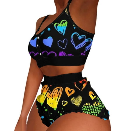 

QYZEU Plus Size Fishnet Cover Up Straps for Bathing Suit Women Printing Pajamas Sleeveless Cami Shorts Lingerie Sleepwear Set