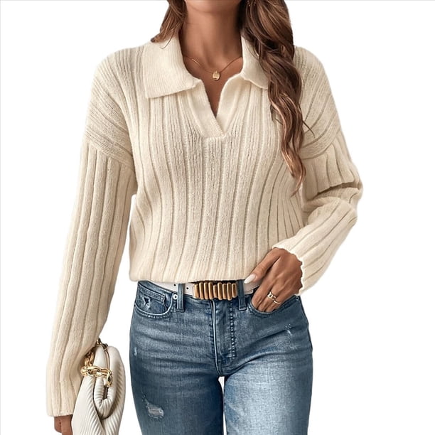 Suéteres de Punto para Mujer, Suéteres de Larga con Cuello en V, Camisetas Casuales, Conjuntos de Moda de Otoño Albaricoque M