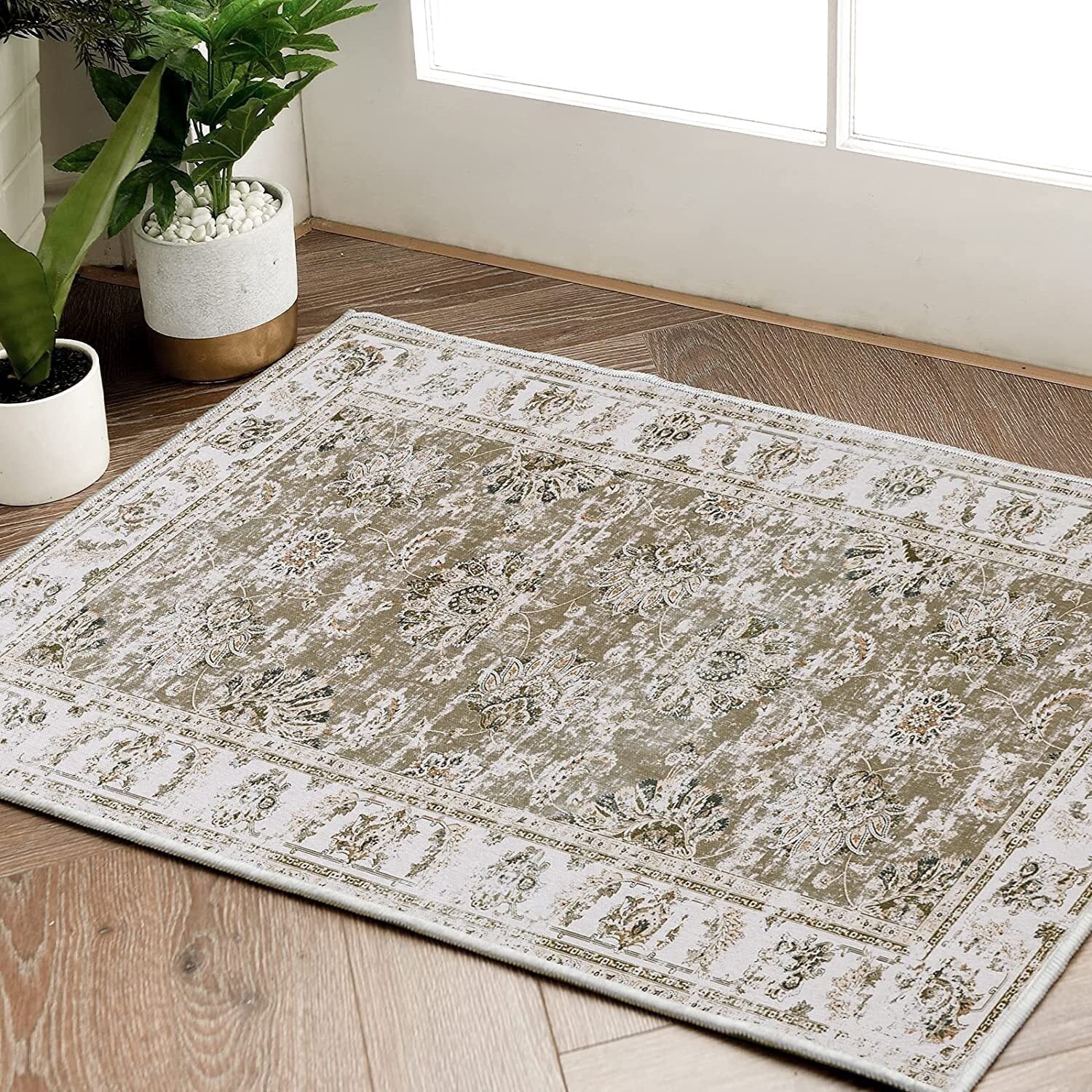 RUGKING Area Rug 2x3 Doormat for Bedroom Indoor Non-Slip Foldable Vintage Rug Floral Rug for Entryway  Taupe