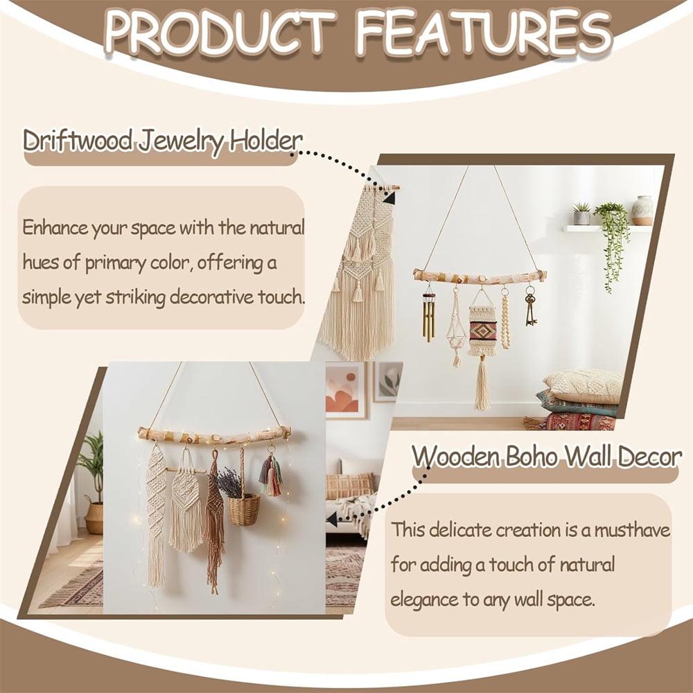 HXRH 2Pcs Driftwood Wall Hanging Jewelry Hanger 16Inch Rustic Solid Wood Wall-Mounted Organizer with 5 Hook for Keys Hats Entryway