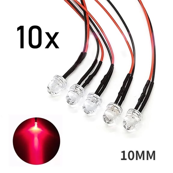 10x Red LED Light Single Bulb Wired Resistor 5-12V DC 10mm Large Round top Clear
