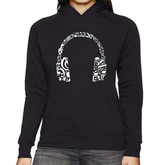 LA Pop Art Women's Word Art Hooded Sweatshirt -Music Note Headphones