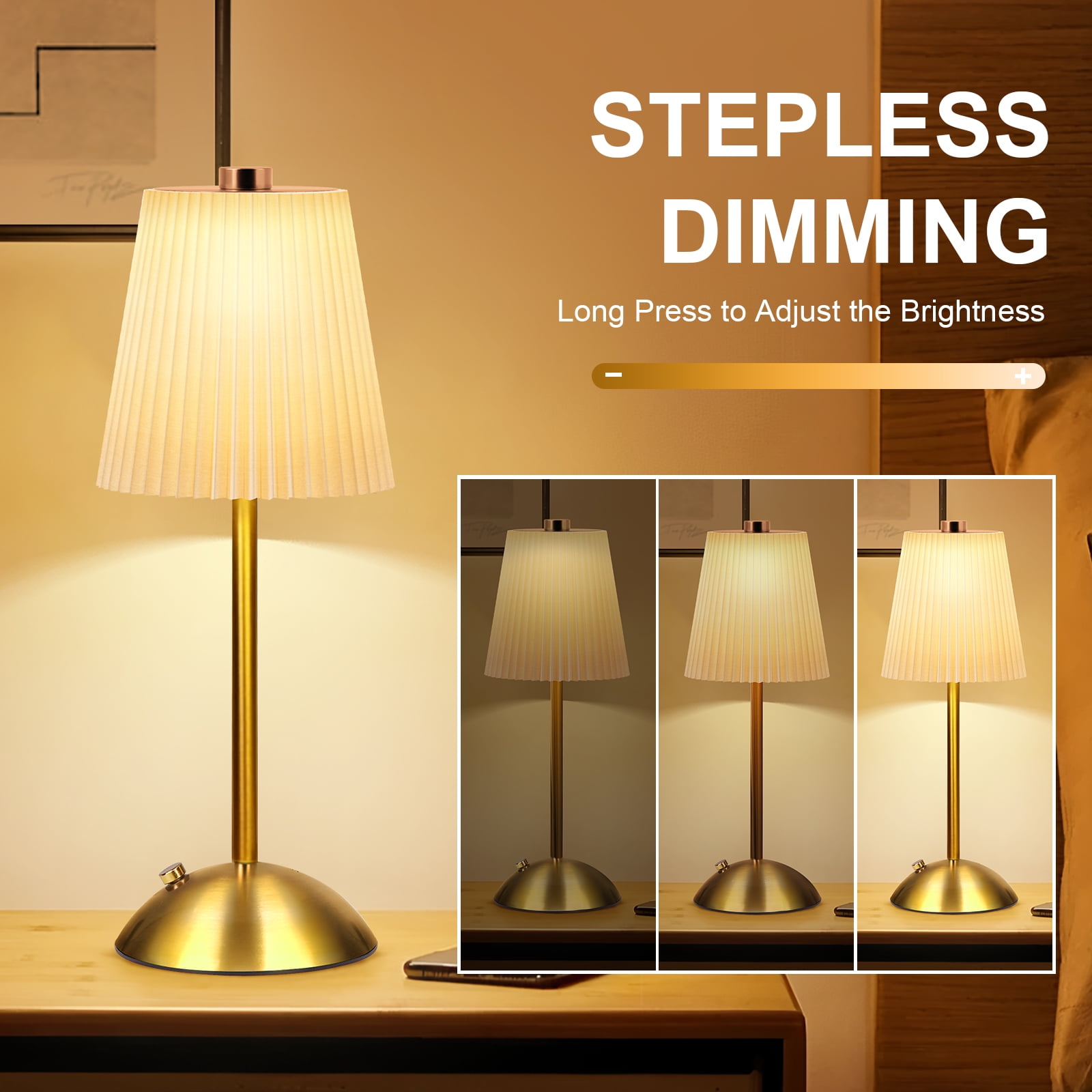 FRIDEKO HOME Cordless Table Lamp, Rechargeable Battery Operated Lamp, 3 Color Temperature, Stepless Dimmable LED Touch Lamp, 12" Portable Metal Desk Lamp for Bedroom Living Room Kitchen Counter(2PCS)