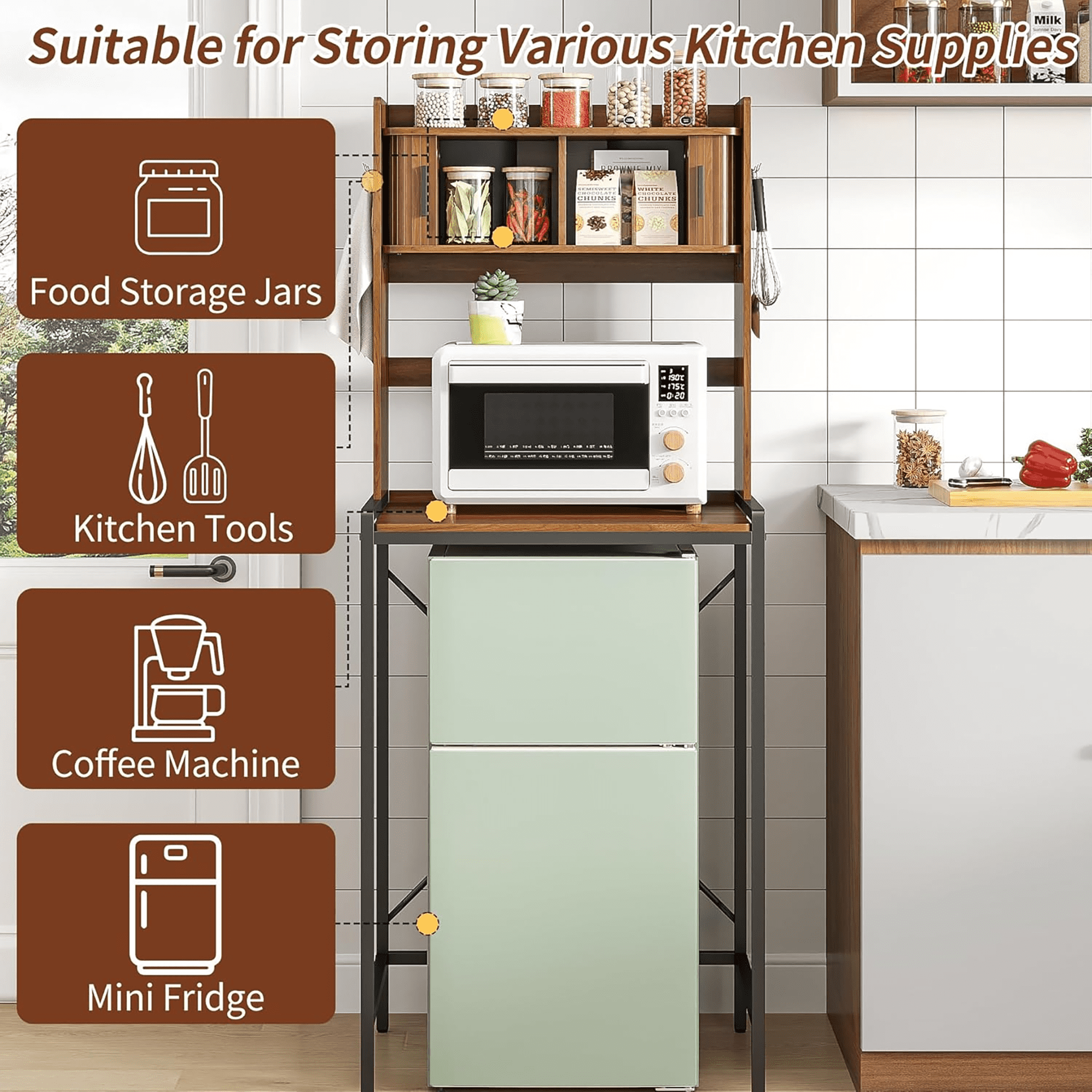 4-Tier Kitchen Bakers Rack with Mini Fridge Stand, Microwave Stand with 6 Hooks and Sliding Doors Storage for Kitchen, Dining Room, Walnut