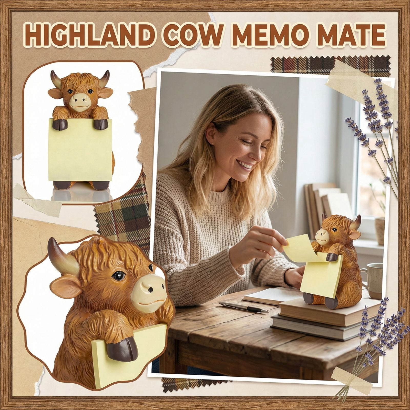 3.94in Resin Highland Cow Sticky Note Holder for Office Desk Decor, Cute Animal Memo Pad Dispenser Home Desktop Organizer Accessory
