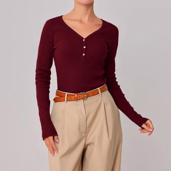 WHLBF Blouse for Women Long Sleeved Casual Solid Color V-neck Base Shirt Wine XL