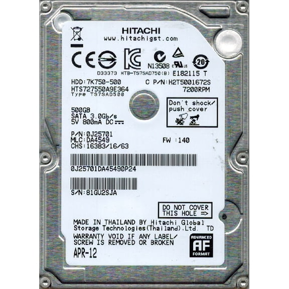 Hitachi HTS727550A9E364 P/N: 0J25701 MLC: DA4549 500GB