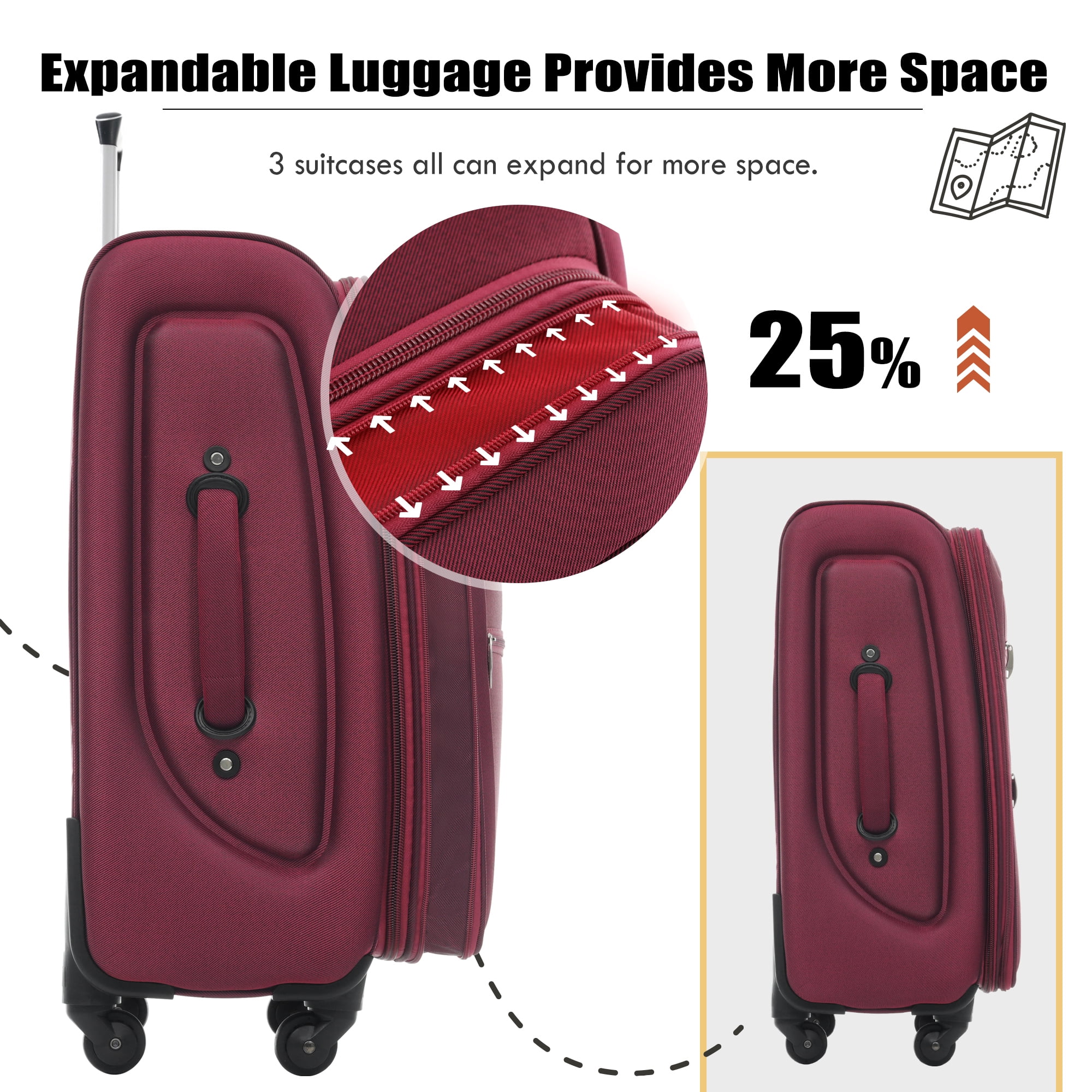 Euroco 5 Piece Softside Luggage Set,Expandable Suitcase Set with Duffel Bag,TSA Lock and Spinner Wheels,Lightweight Travel Suitcase for Men Women,Red