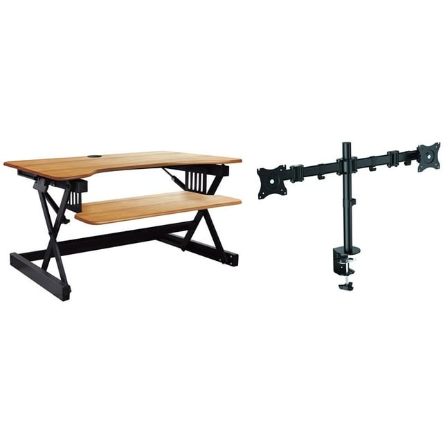 40" Large Adjustable Standing Desk Converter/Dual Monitor Mount Bundle Teak Wood