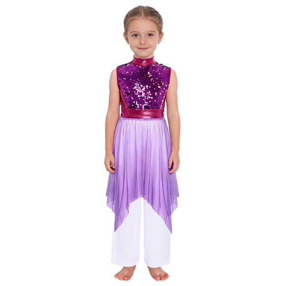 Rswnyirn Kids Girls Praise Dance Outfits Sequins Sleeveless Gradient Tulle Worship Dress with Wide-Leg Pants Purple 6