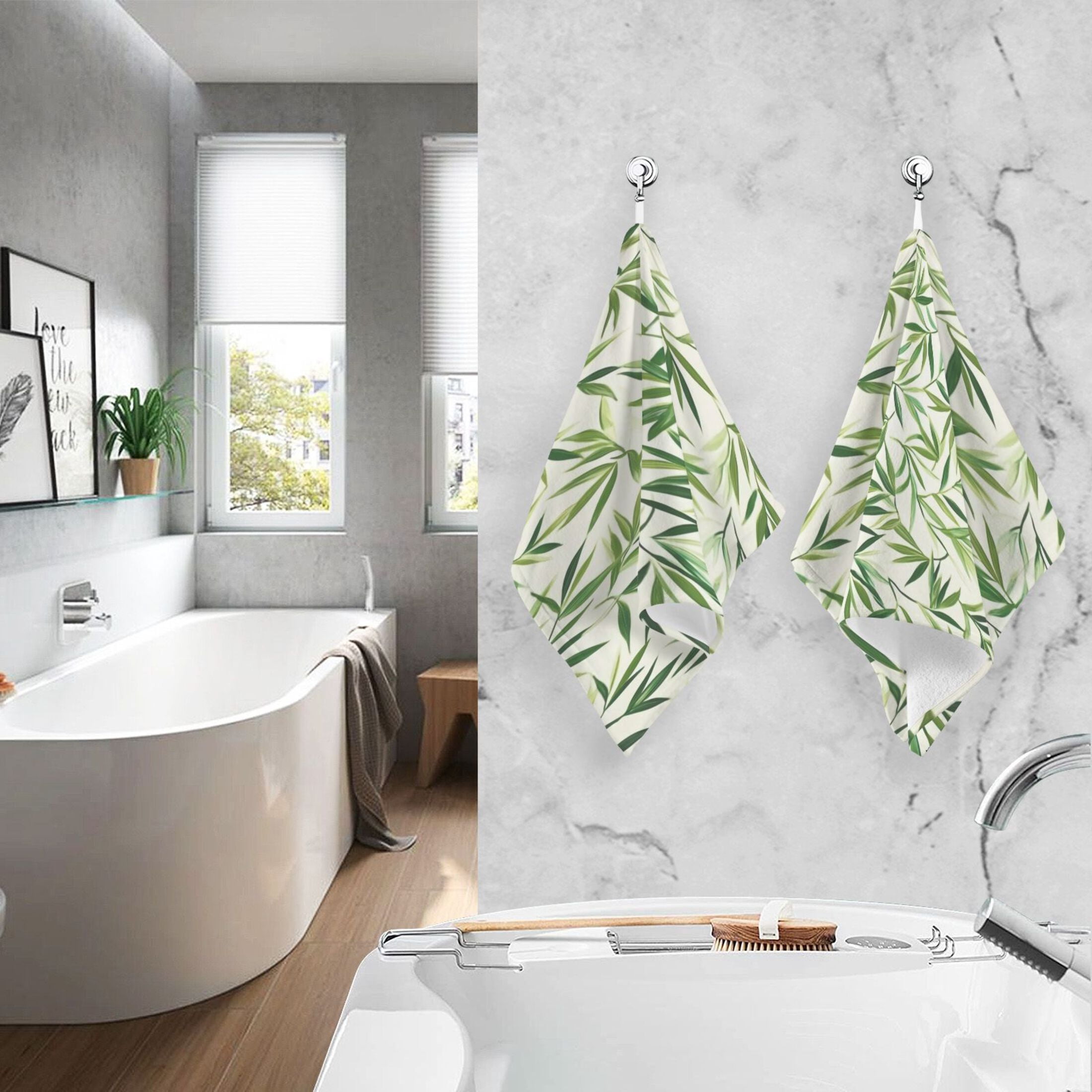 Cotton Towel Two-Piece 16x28 Inch One Sizex2 Face Towel Set Towel Set Cotton Hand Bath Towel Bathroom Beach Beautiful Green Bamboo Leaves