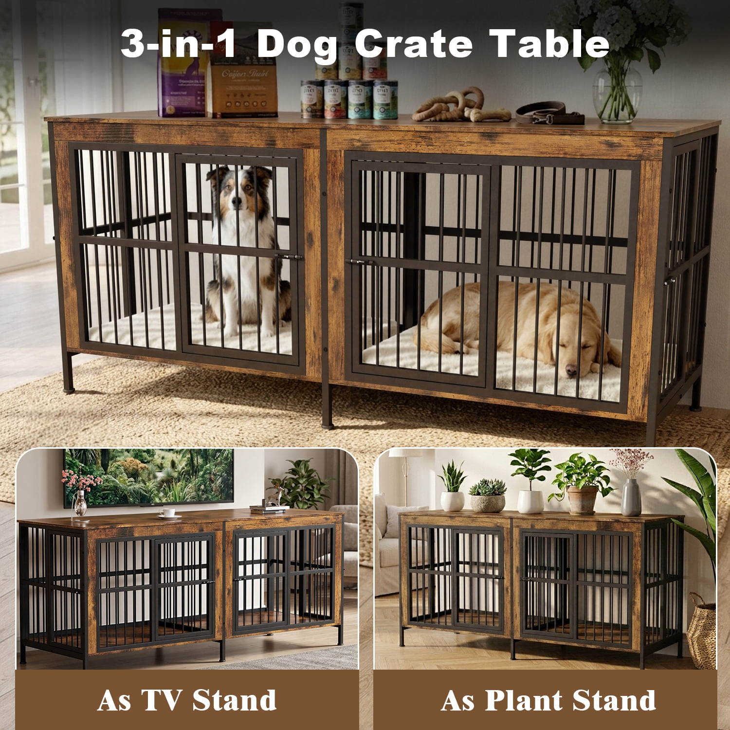 YOKWOK 88 Inch Dog Crate Furniture for Large Dogs with Sturdy Removable Divider, 3-In-1 Extra Large Double Doors Dog Kennel, XXL Thick Wooden Dog Cage Furniture, Brown